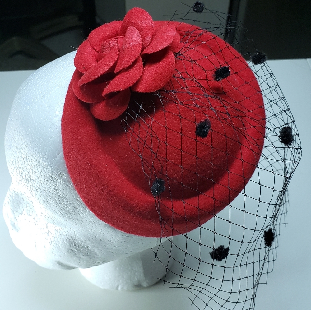 Red Wool Fascinator 1950's vintage inspired